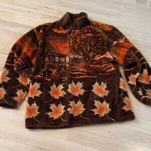 Art Unlimited Sportswear Fleece Jacket Full Zip Trees Leaves Farm VTG AOP L